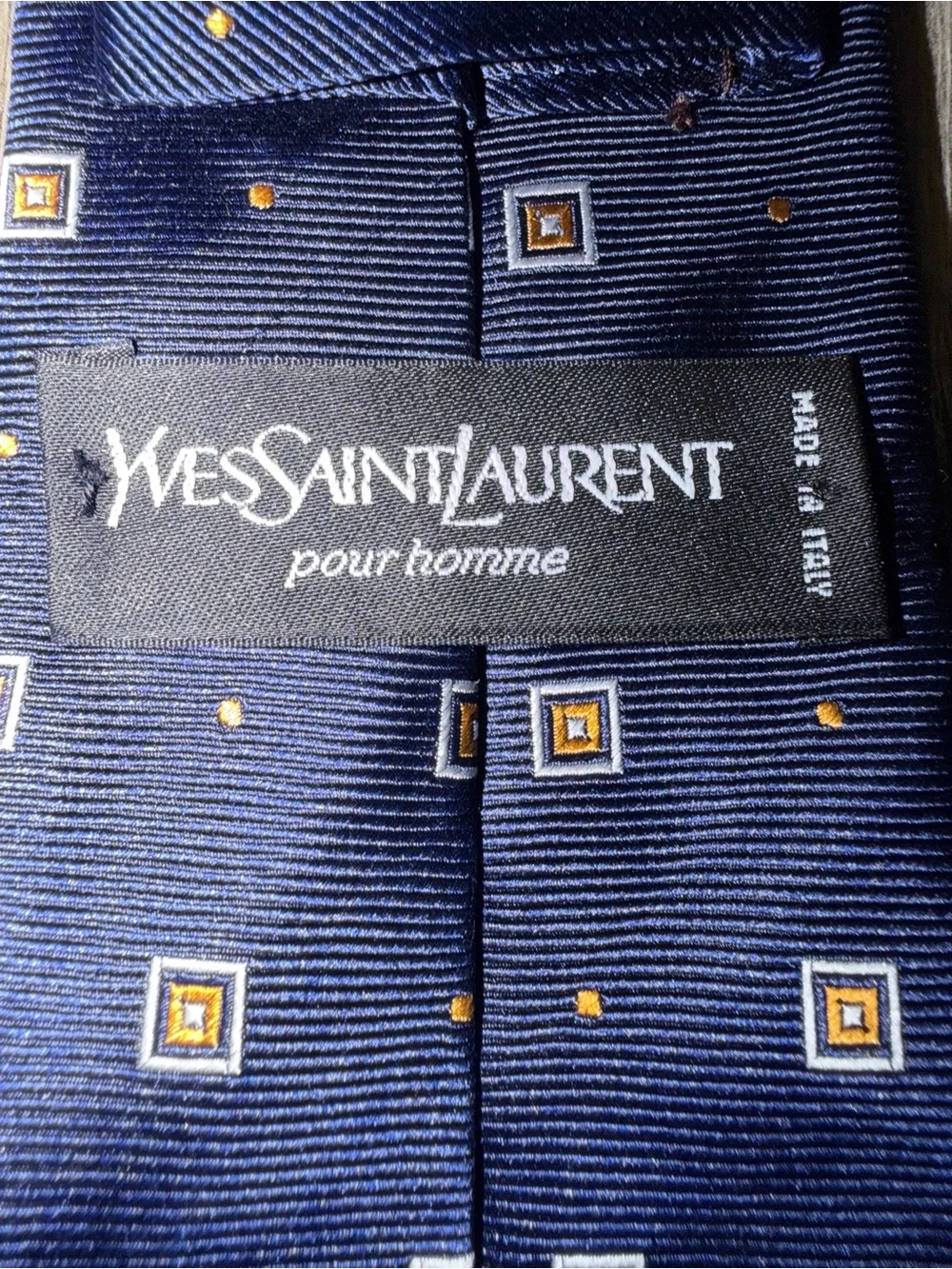 Yves Saint Laurent Navy Blue Silk Tie with Square Motif
